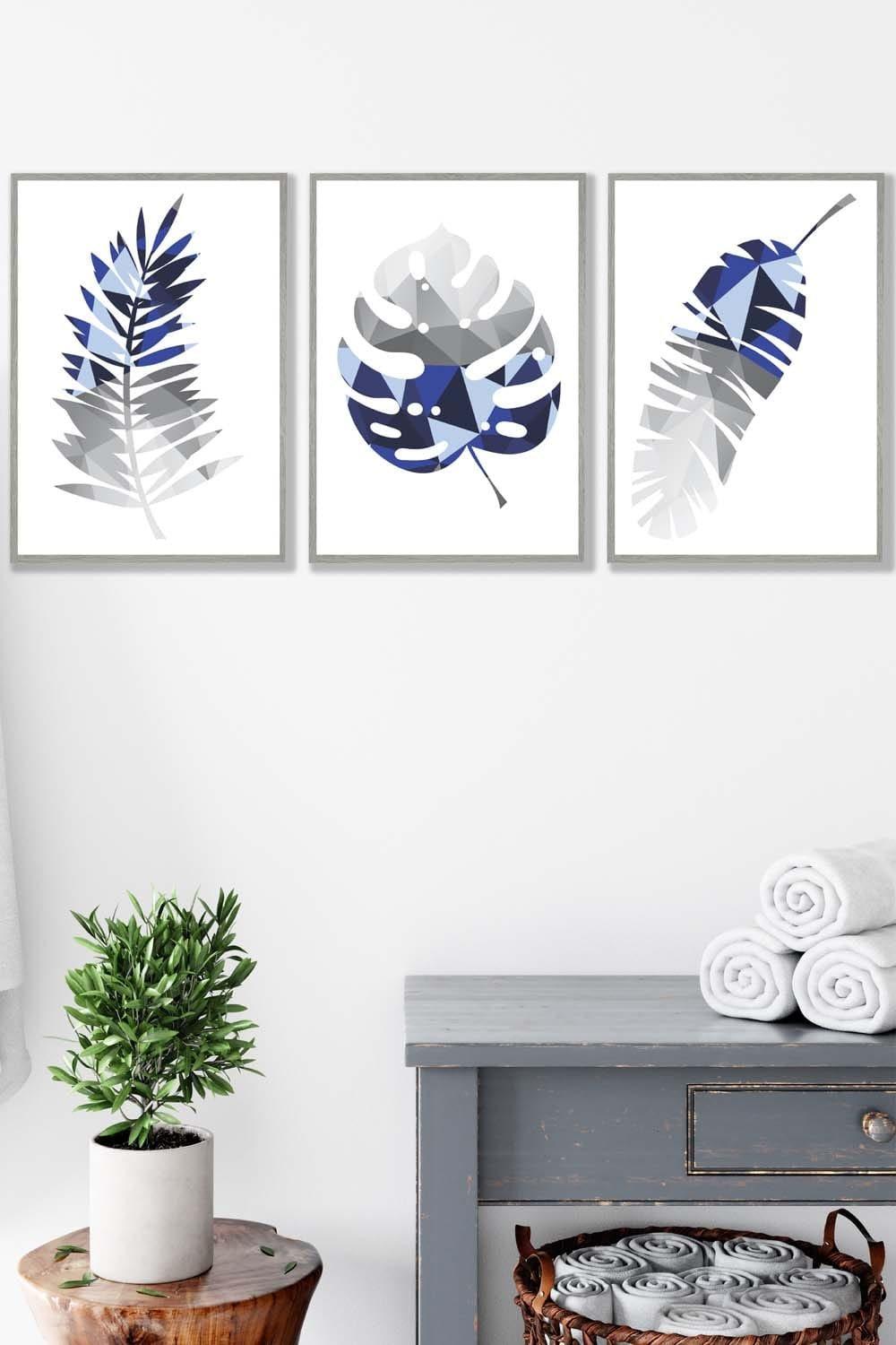 Geometric Tropical Leaves In Navy Blue Grey Framed Wall Art - Large